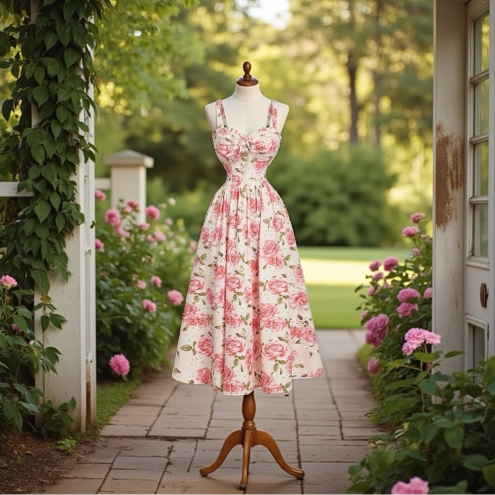 French Floral Print Spaghetti Strap Mid-Calf Dress